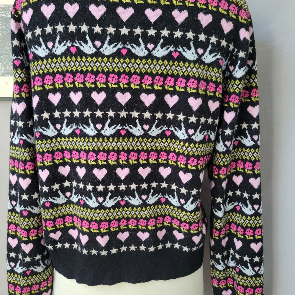 Anthropologie Maeve Hearts Dove Floral Cropped Novelty Cardigan Sweater L - Picture 10 of 14